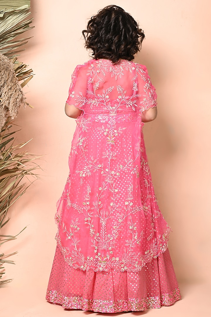 Fuchsia Pink Chanderi Sequins Embroidered Jacket Lehenga Set For Girls by Daddys Princess by Priyanka Jain at Pernia's Pop Up Shop