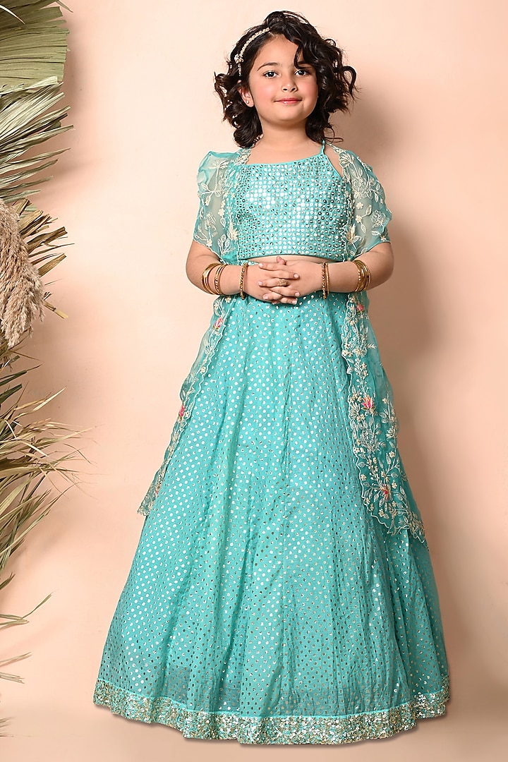 Turquoise Blue Chanderi Sequins Embroidered Jacket Lehenga Set For Girls by Daddys Princess by Priyanka Jain