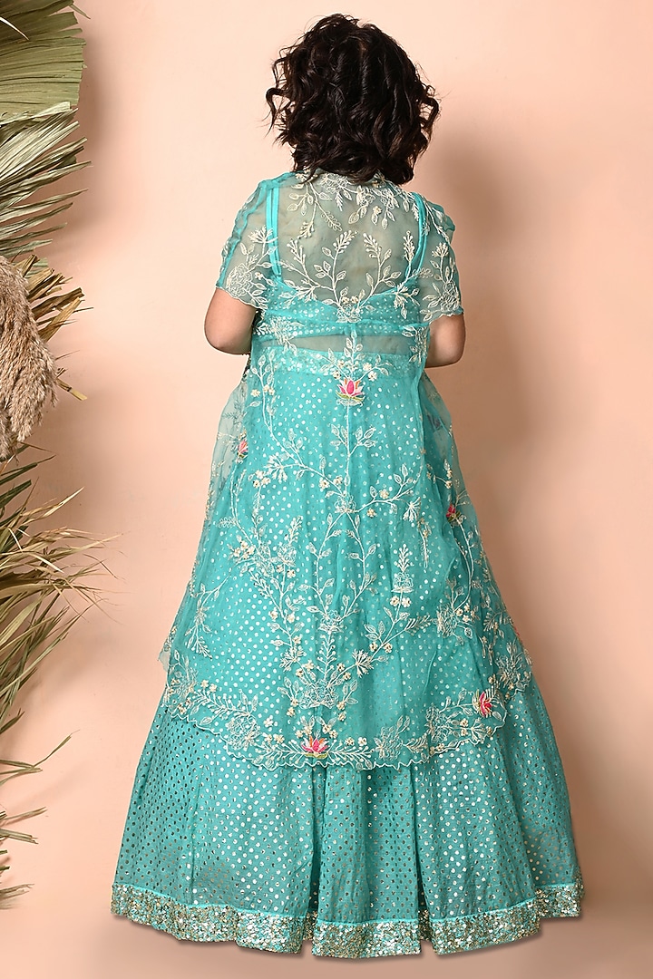 Turquoise Blue Chanderi Sequins Embroidered Jacket Lehenga Set For Girls by Daddys Princess by Priyanka Jain at Pernia's Pop Up Shop