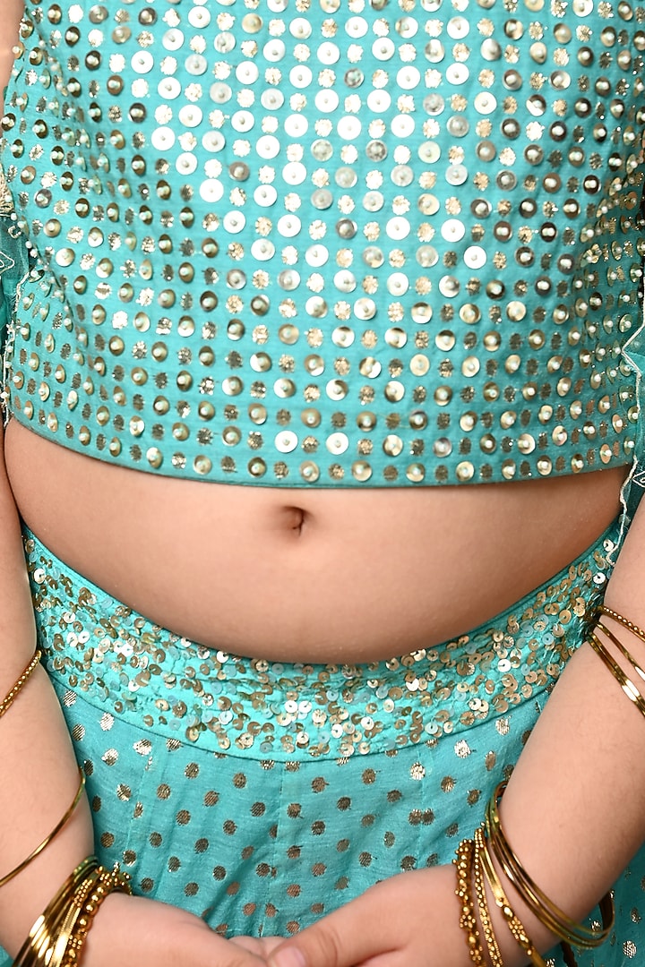 Turquoise Blue Chanderi Sequins Embroidered Jacket Lehenga Set For Girls by Daddys Princess by Priyanka Jain at Pernia's Pop Up Shop
