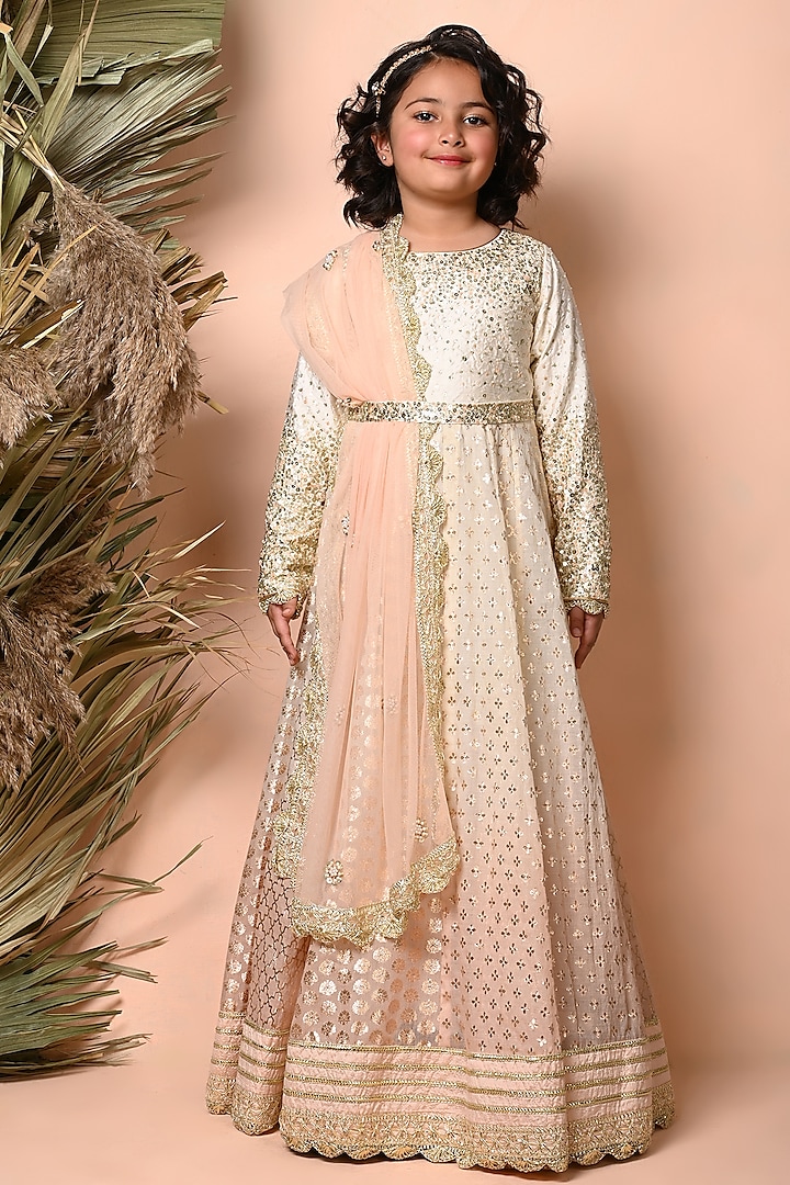 Ivory & Peach Ombre Chanderi Sequins Anarkali Set For Girls by Daddys Princess by Priyanka Jain