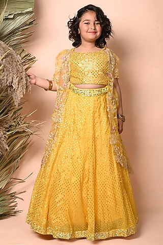 Yellow Chanderi Sequins Embroidered Jacket Lehenga Set For Girls by Daddys Princess by Priyanka Jain