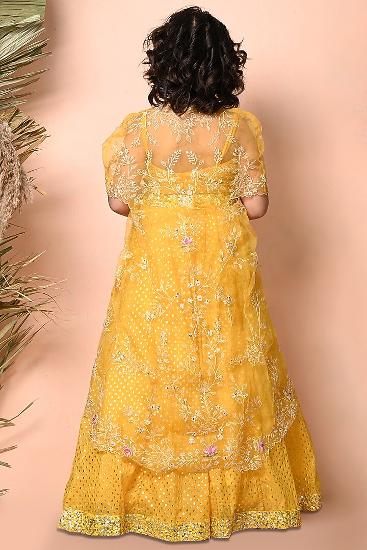 Yellow Chanderi Sequins Embroidered Jacket Lehenga Set For Girls by Daddys Princess by Priyanka Jain at Pernia's Pop Up Shop