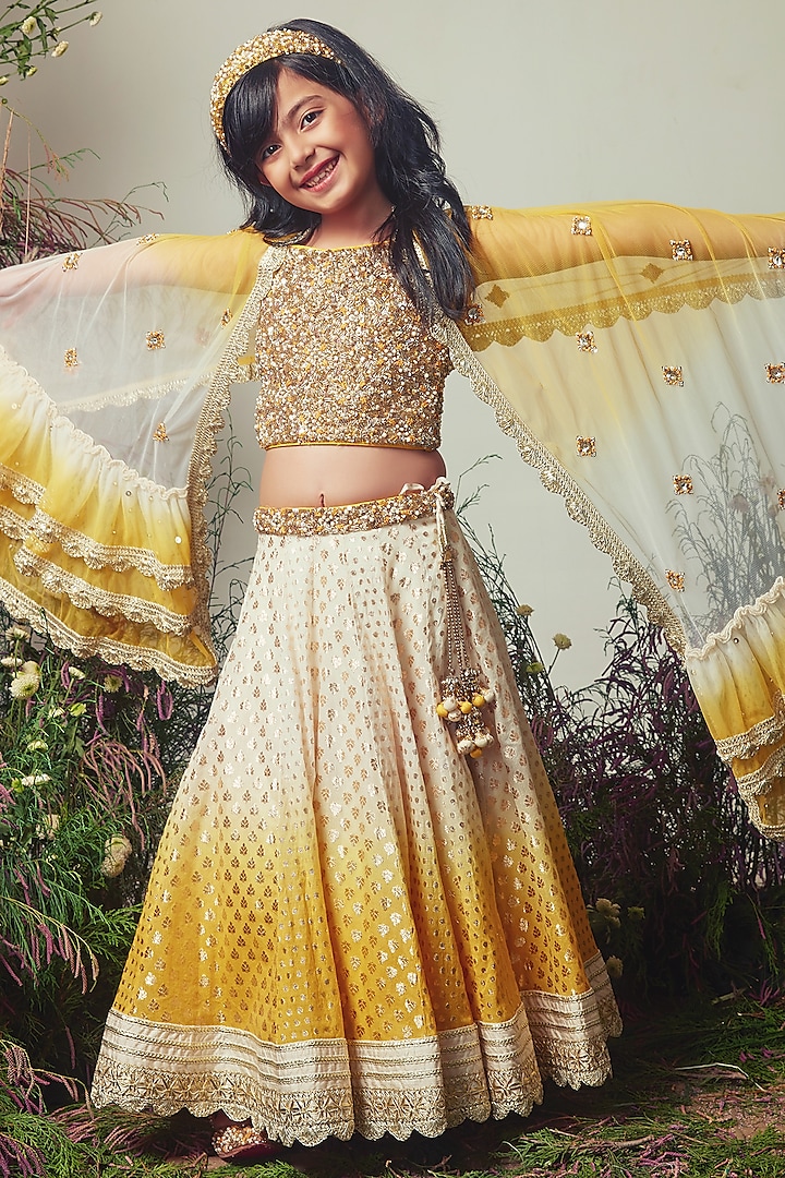Ivory & Mustard Chanderi Sequins Embroidered Ombre Lehenga Set For Girls by Daddys Princess by Priyanka Jain