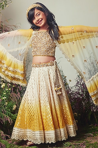 Ivory & Mustard Chanderi Sequins Embroidered Ombre Lehenga Set For Girls by Daddys Princess by Priyanka Jain