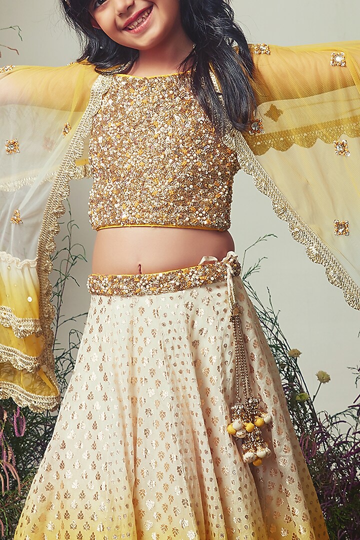 Ivory & Mustard Chanderi Sequins Embroidered Ombre Lehenga Set For Girls by Daddys Princess by Priyanka Jain at Pernia's Pop Up Shop