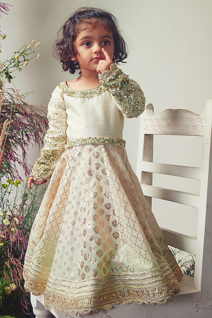 Ivory & Green Chanderi Sequins Embroidered Anarkali Set For Girls by Daddys Princess by Priyanka Jain