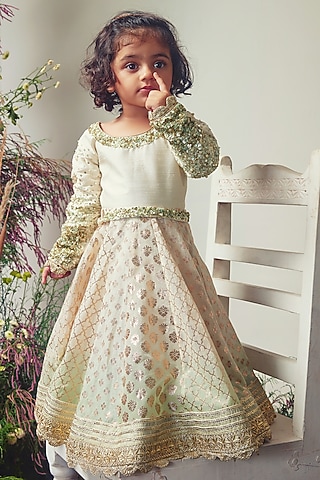 Ivory & Green Chanderi Sequins Embroidered Anarkali Set For Girls by Daddys Princess by Priyanka Jain