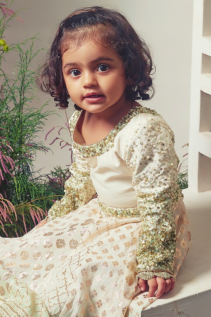 Ivory & Green Chanderi Sequins Embroidered Anarkali Set For Girls by Daddys Princess by Priyanka Jain at Pernia's Pop Up Shop