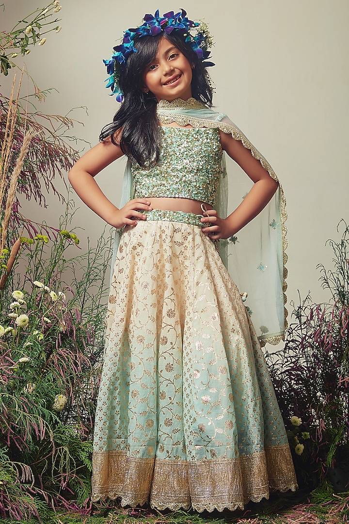 Ivory & Blue Chanderi Sequins Embroidered Ombre Lehenga Set For Girls by Daddys Princess by Priyanka Jain