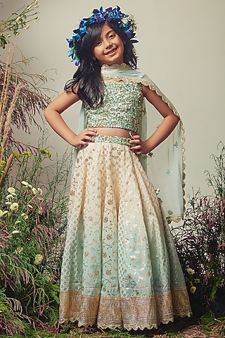 Ivory & Blue Chanderi Sequins Embroidered Ombre Lehenga Set For Girls by Daddys Princess by Priyanka Jain