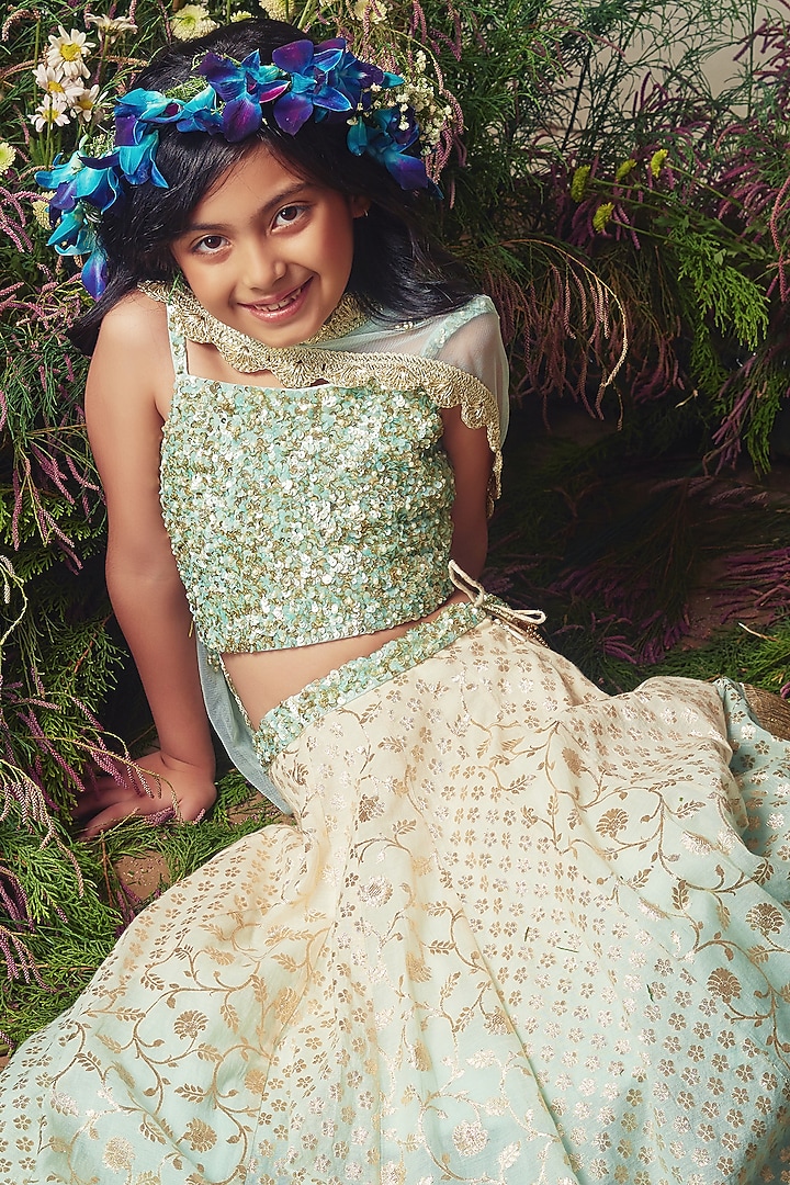 Ivory & Blue Chanderi Sequins Embroidered Ombre Lehenga Set For Girls by Daddys Princess by Priyanka Jain at Pernia's Pop Up Shop