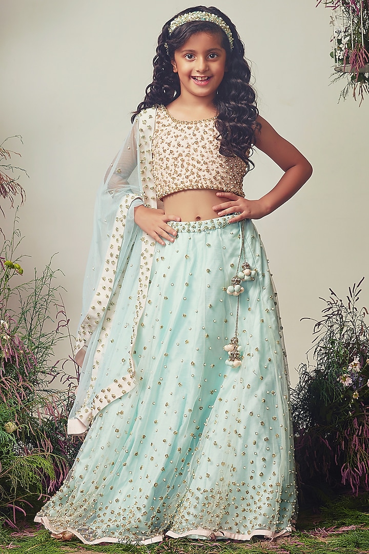 Blue Net Sequins Embroidered Lehenga Set For Girls by Daddys Princess by Priyanka Jain