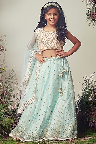 Blue Net Sequins Embroidered Lehenga Set For Girls by Daddys Princess by Priyanka Jain
