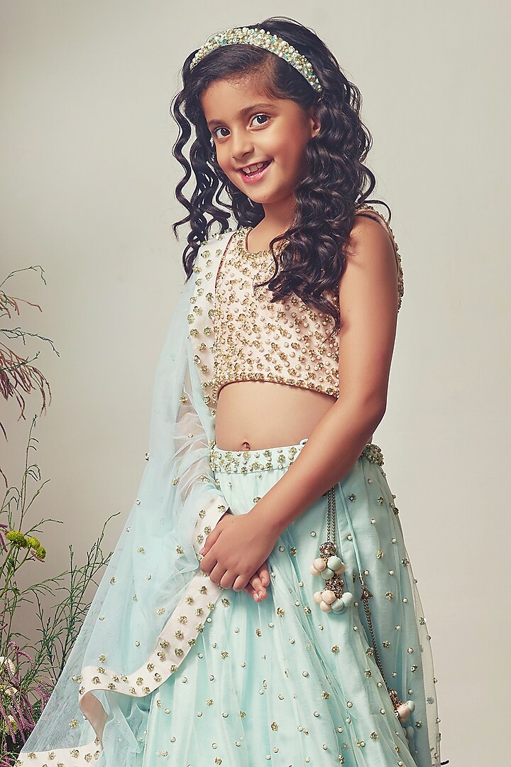 Blue Net Sequins Embroidered Lehenga Set For Girls by Daddys Princess by Priyanka Jain at Pernia's Pop Up Shop