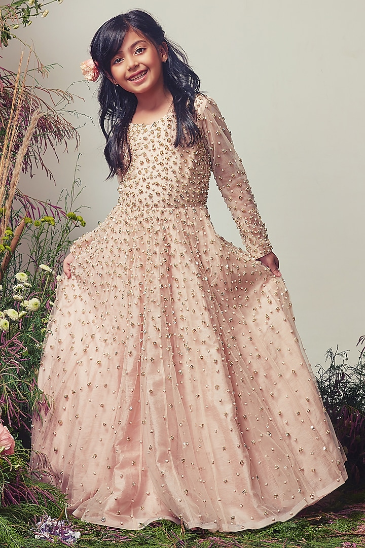 Peach Net Sequins Embroidered Gown For Girls by Daddys Princess by Priyanka Jain