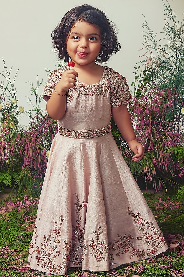 Blush Pink Dupion Silk Zardosi Embroidered Gown For Girls by Daddys Princess by Priyanka Jain