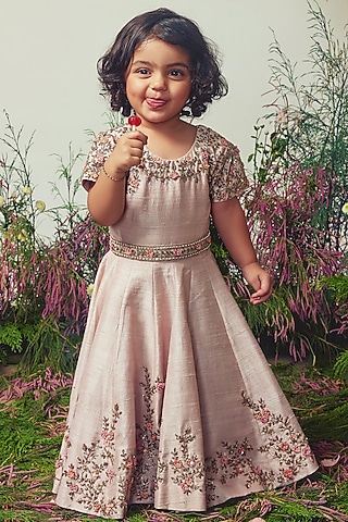 Blush Pink Dupion Silk Zardosi Embroidered Gown For Girls by Daddys Princess by Priyanka Jain