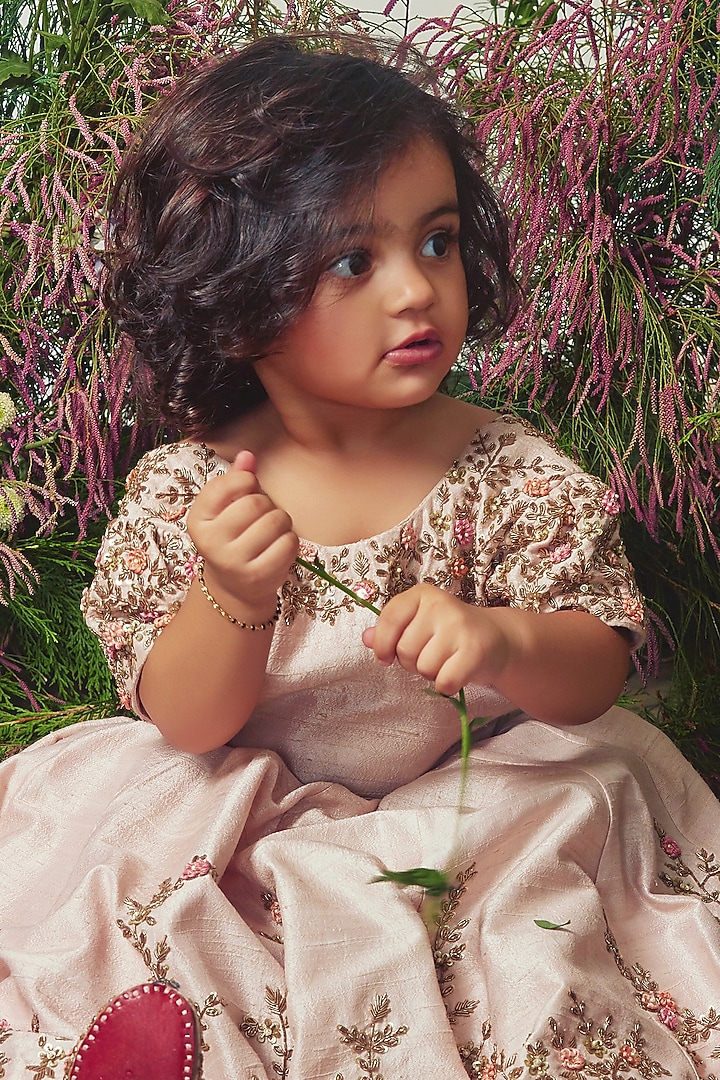 Blush Pink Dupion Silk Zardosi Embroidered Gown For Girls by Daddys Princess by Priyanka Jain at Pernia's Pop Up Shop