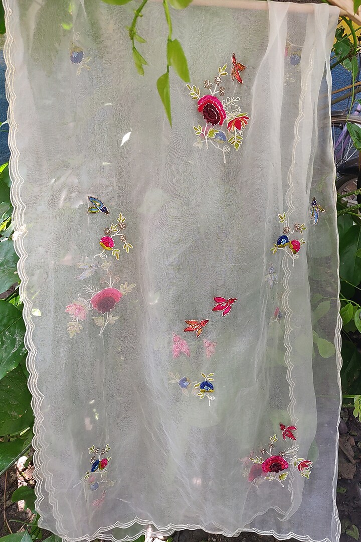 Ivory Chanderi French knot Embroidered Lehenga Set For Girls by Daddys Princess by Priyanka Jain at Pernia's Pop Up Shop