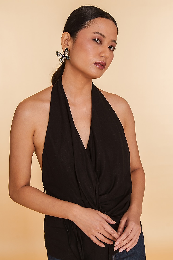 Black Glass Beaded & Metallic Thread Dangler Earrings by Deepa Gurnani at Pernia's Pop Up Shop