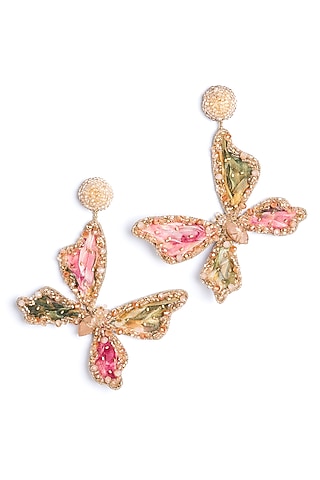 Pink Glass Beaded & Metallic Thread Dangler Earrings by Deepa Gurnani