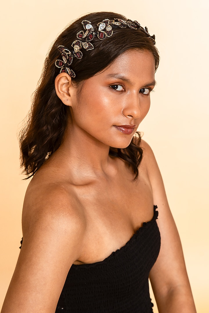 Black Glass Beaded & Floral Hand Embroidered Headband by Deepa Gurnani at Pernia's Pop Up Shop