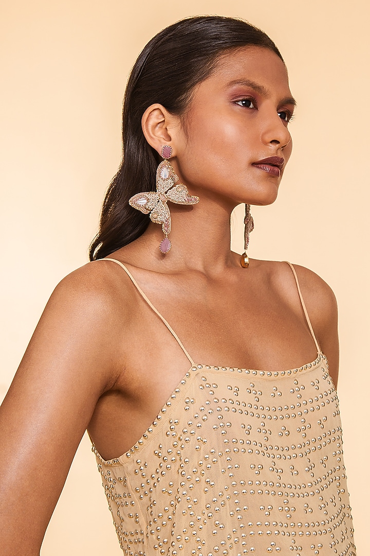 Pink Glass Beaded & Semi-Precious Stone Dangler Earrings by Deepa Gurnani at Pernia's Pop Up Shop