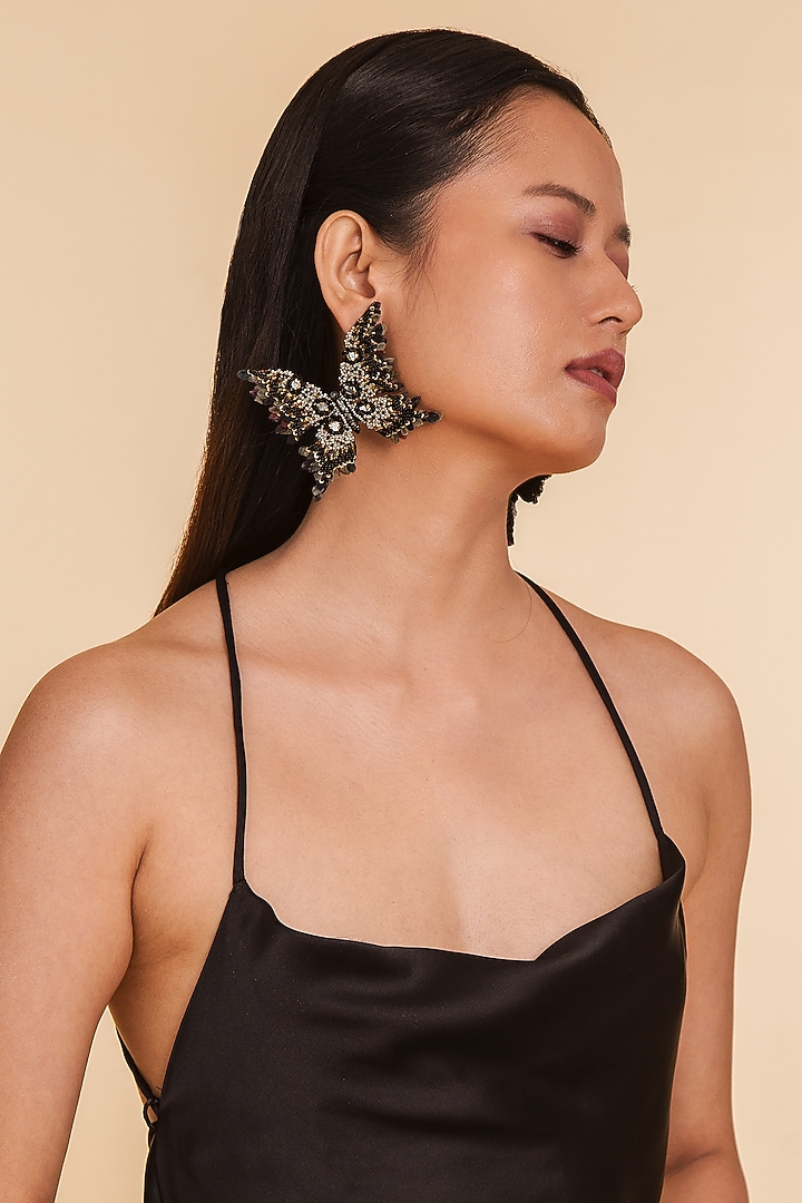 Black Glass Beaded & Semi-Precious Stone Dangler Earrings by Deepa Gurnani at Pernia's Pop Up Shop