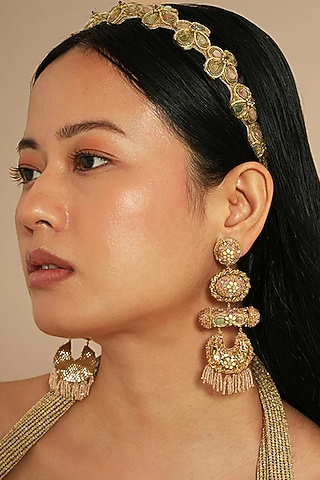Gold Glass Beaded Dangler Earrings by Deepa Gurnani