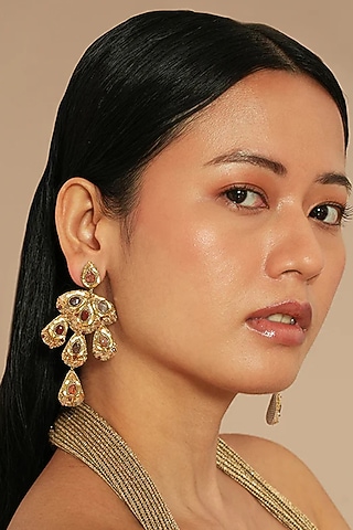 Gold Glass Beaded Dangler Earrings by Deepa Gurnani