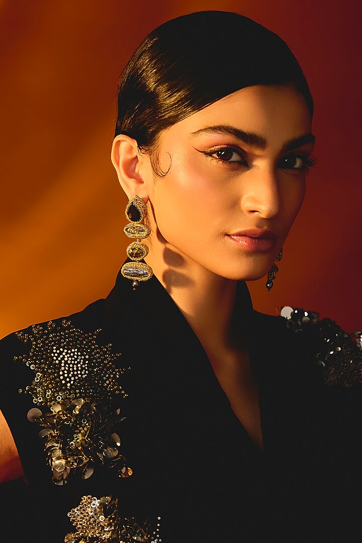 Black Glass Beaded & Semi Precious Stone Dangler Earrings by Deepa Gurnani at Pernia's Pop Up Shop