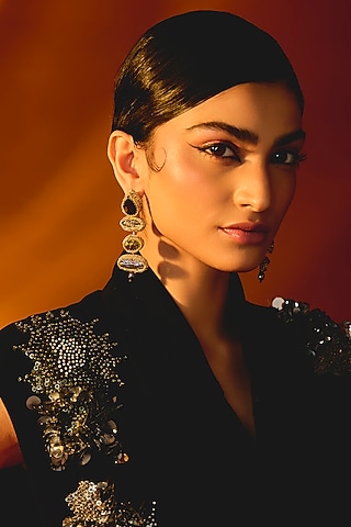 Black Glass Beaded & Semi Precious Stone Dangler Earrings by Deepa Gurnani