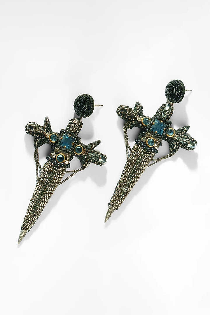 Black Glass Beaded & Metallic Thread Dangler Earrings by Deepa Gurnani at Pernia's Pop Up Shop