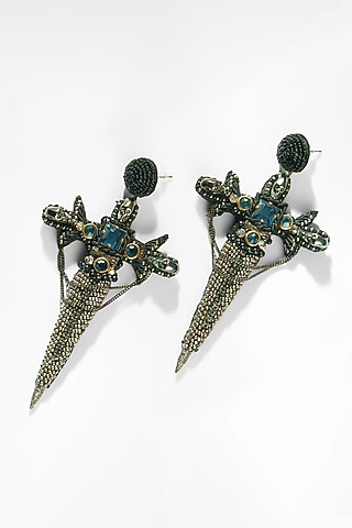 Black Glass Beaded & Metallic Thread Dangler Earrings by Deepa Gurnani