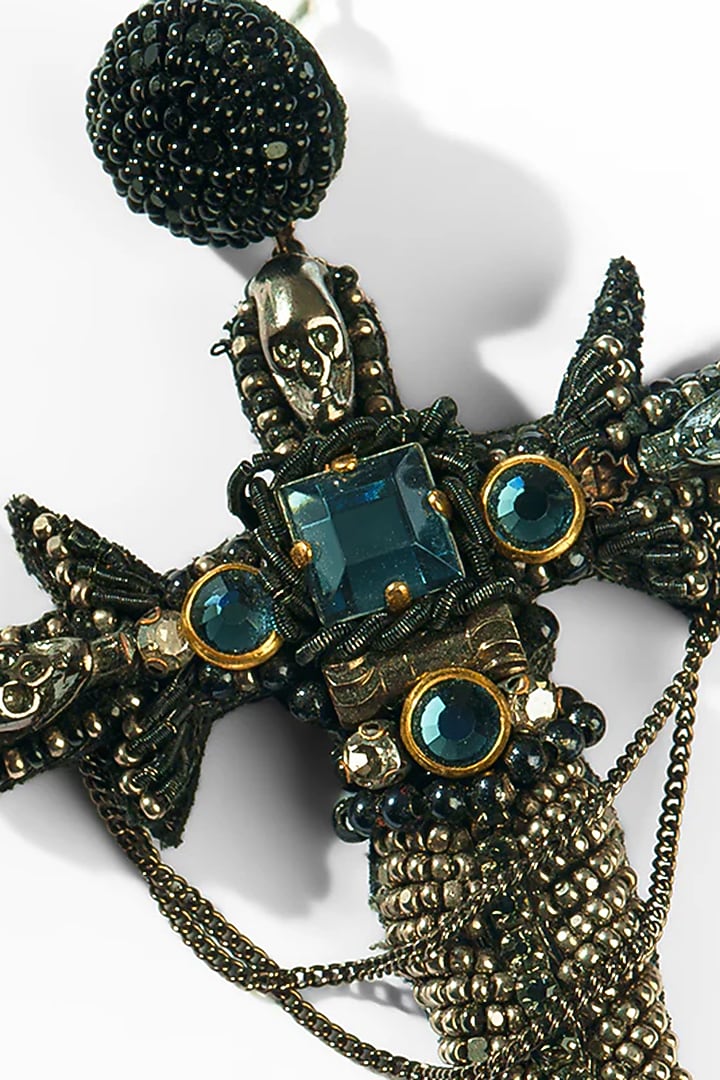 Black Glass Beaded & Metallic Thread Dangler Earrings by Deepa Gurnani at Pernia's Pop Up Shop