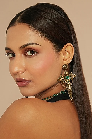 Gold Glass Beaded & Metallic Thread Dangler Earrings by Deepa Gurnani