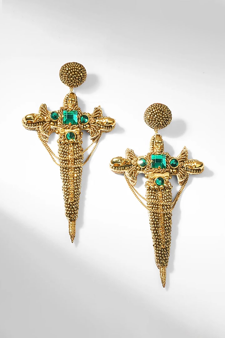 Gold Glass Beaded & Metallic Thread Dangler Earrings by Deepa Gurnani at Pernia's Pop Up Shop