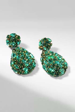 Green Glass Beaded Dangler Earrings by Deepa Gurnani
