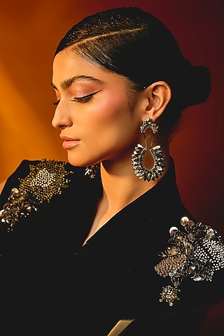 Black Glass Beaded & Metallic Thread Dangler Earrings by Deepa Gurnani