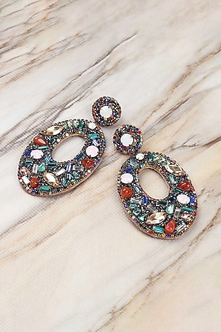 Multi-Colored Hand Embroidered Dangler Earrings by Deepa Gurnani