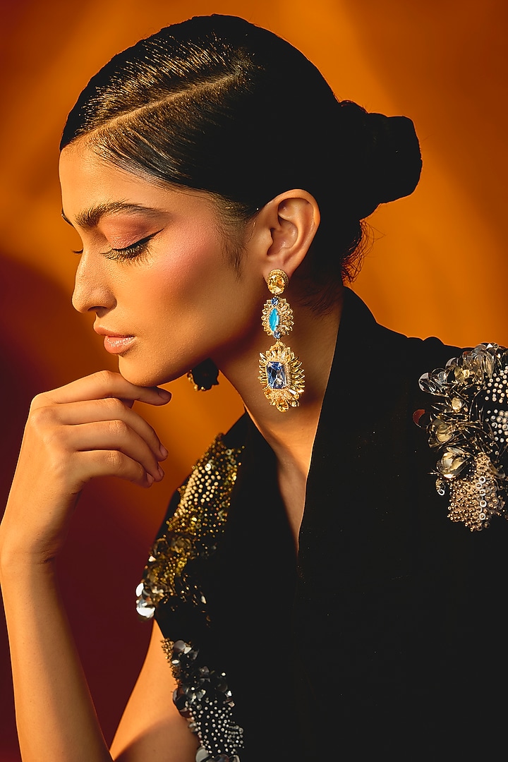 Gold Glass Crystal Dangler Earrings by Deepa Gurnani at Pernia's Pop Up Shop