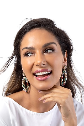 Multi-Colored Glass Beaded & Glass Stone Dangler Earrings by Deepa Gurnani