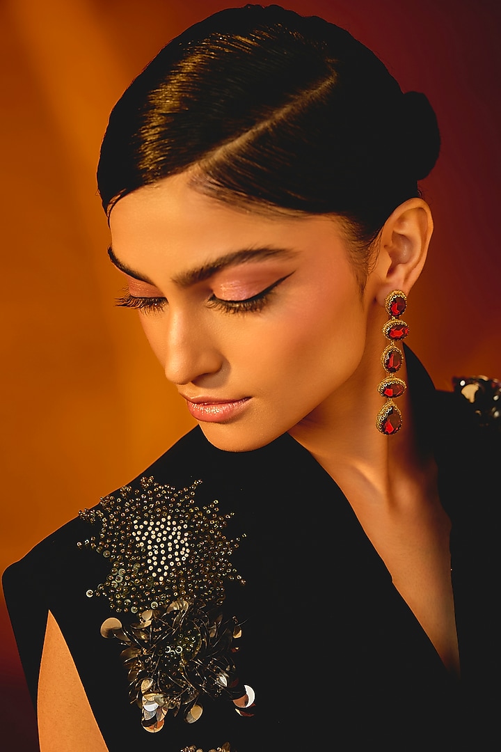 Red Glass Beaded & Metallic Thread Embroidered Dangler Earrings by Deepa Gurnani at Pernia's Pop Up Shop