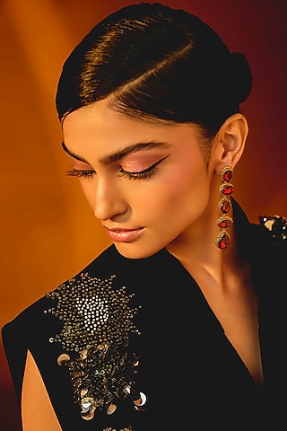 Red Glass Beaded & Metallic Thread Embroidered Dangler Earrings by Deepa Gurnani