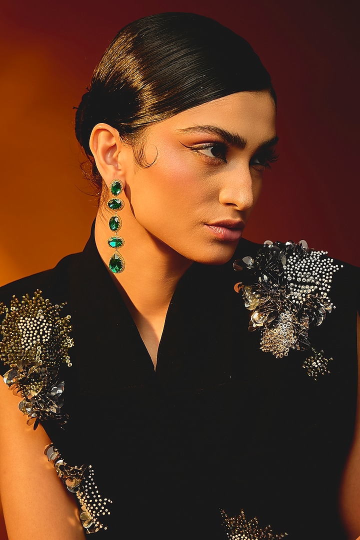 Green Glass Beaded & Metallic Thread Dangler Earrings by Deepa Gurnani at Pernia's Pop Up Shop