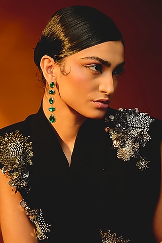 Green Glass Beaded & Metallic Thread Dangler Earrings by Deepa Gurnani