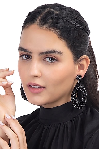 Black Swarovski Crystal & Glass Beaded Dangler Earrings by Deepa Gurnani