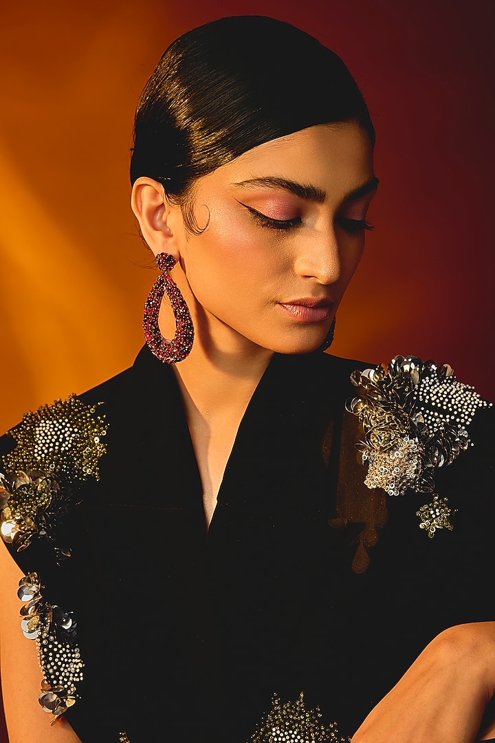 Maroon Swarovski Crystal Dangler Earrings by Deepa Gurnani at Pernia's Pop Up Shop