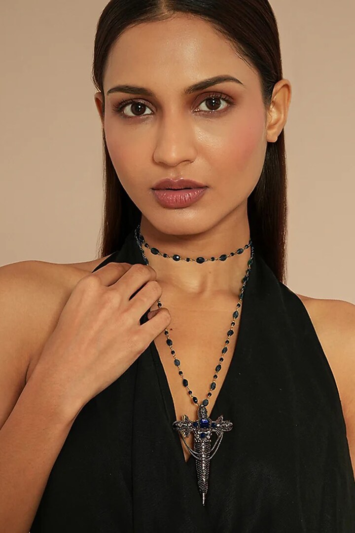 Gunmetal Glass Beaded & Nylon Thread Necklace by Deepa Gurnani at Pernia's Pop Up Shop